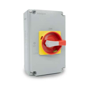 TELERGON S3 SWITCH DISCONNECTOR 3P+N 63A IN ALUMINIUM ENCLOSURE RED/YELLOW HANDLE
